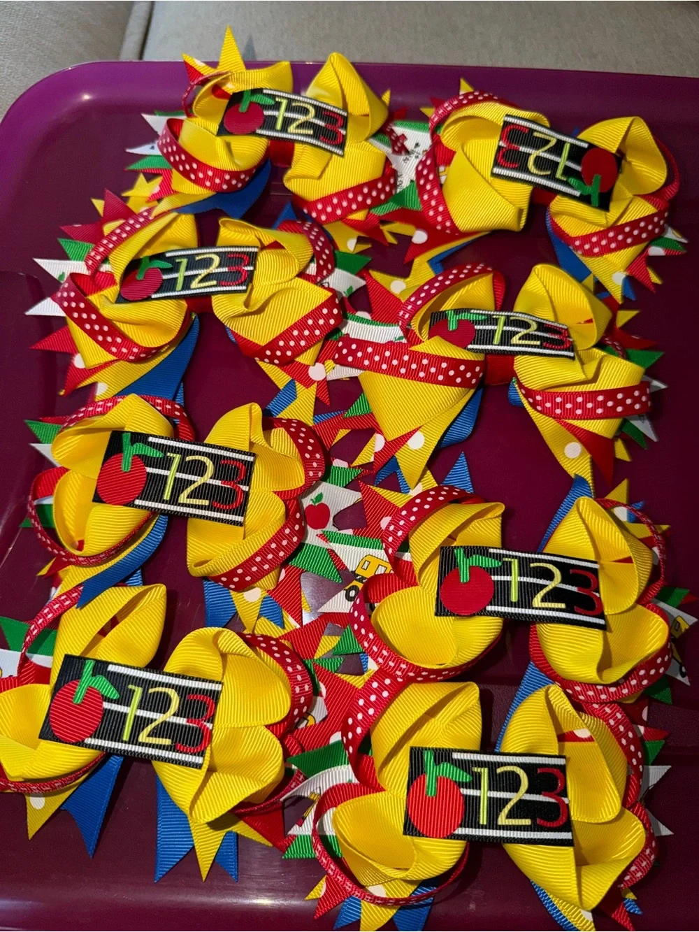 Bright Yellow Back-to-School Ribbon Bow with 123 Apple Patch